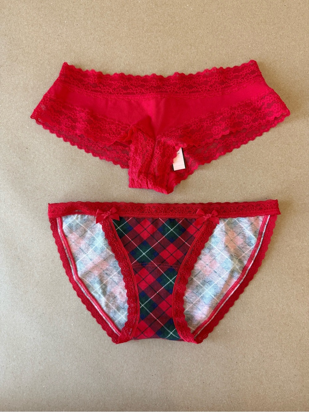 NWT Victoria's Secret Red Lace Hipster and Red Plaid Bikini Set Size XS